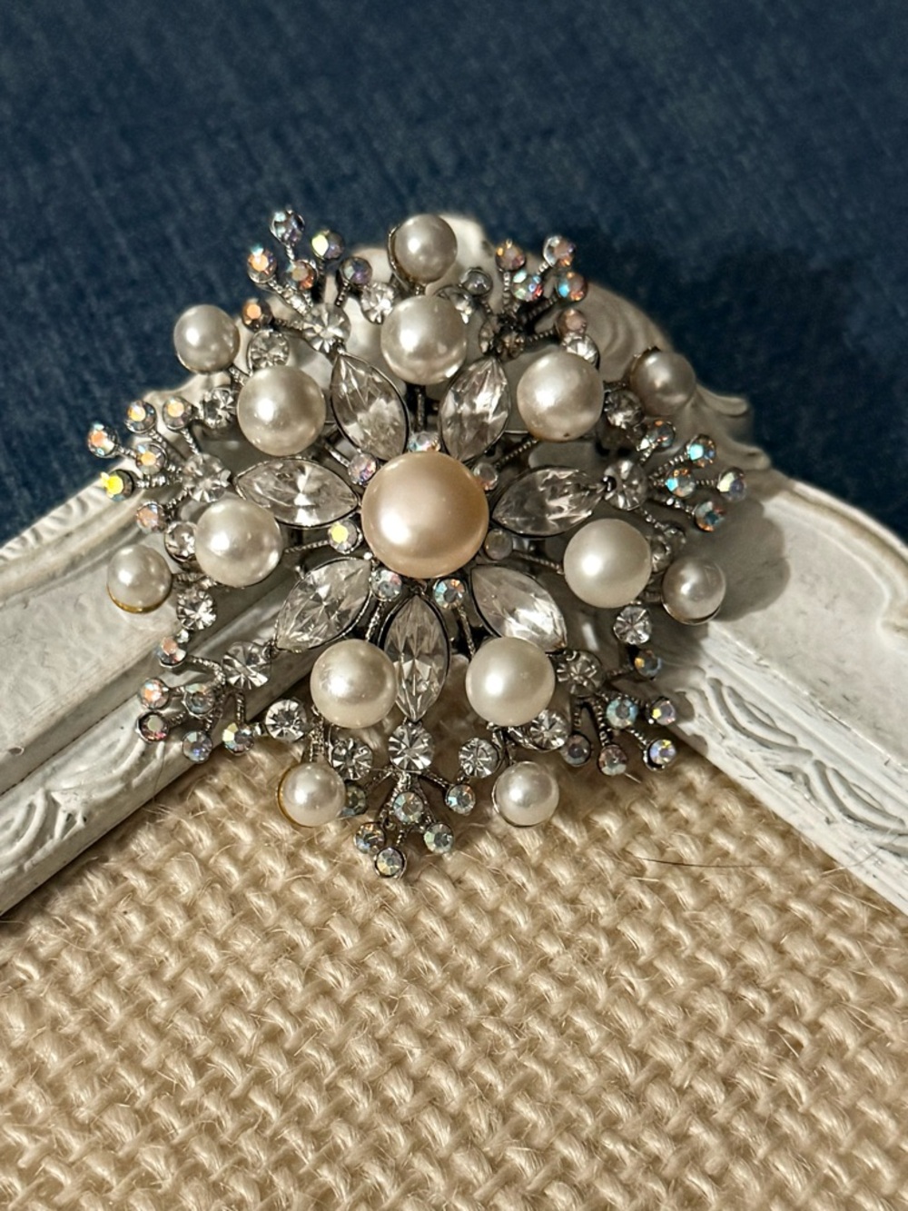 Vintage Janus Pearl & Rhinestone Brooch Pendant Silver Tone AB Starburst Bridal